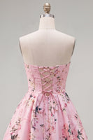 Load image into Gallery viewer, Blue Floral Satin Strapless A-Line Short Prom Dress