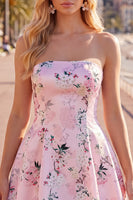 Load image into Gallery viewer, Blue Floral Satin Strapless A-Line Short Prom Dress