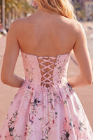 Load image into Gallery viewer, Blue Floral Satin Strapless A-Line Short Prom Dress