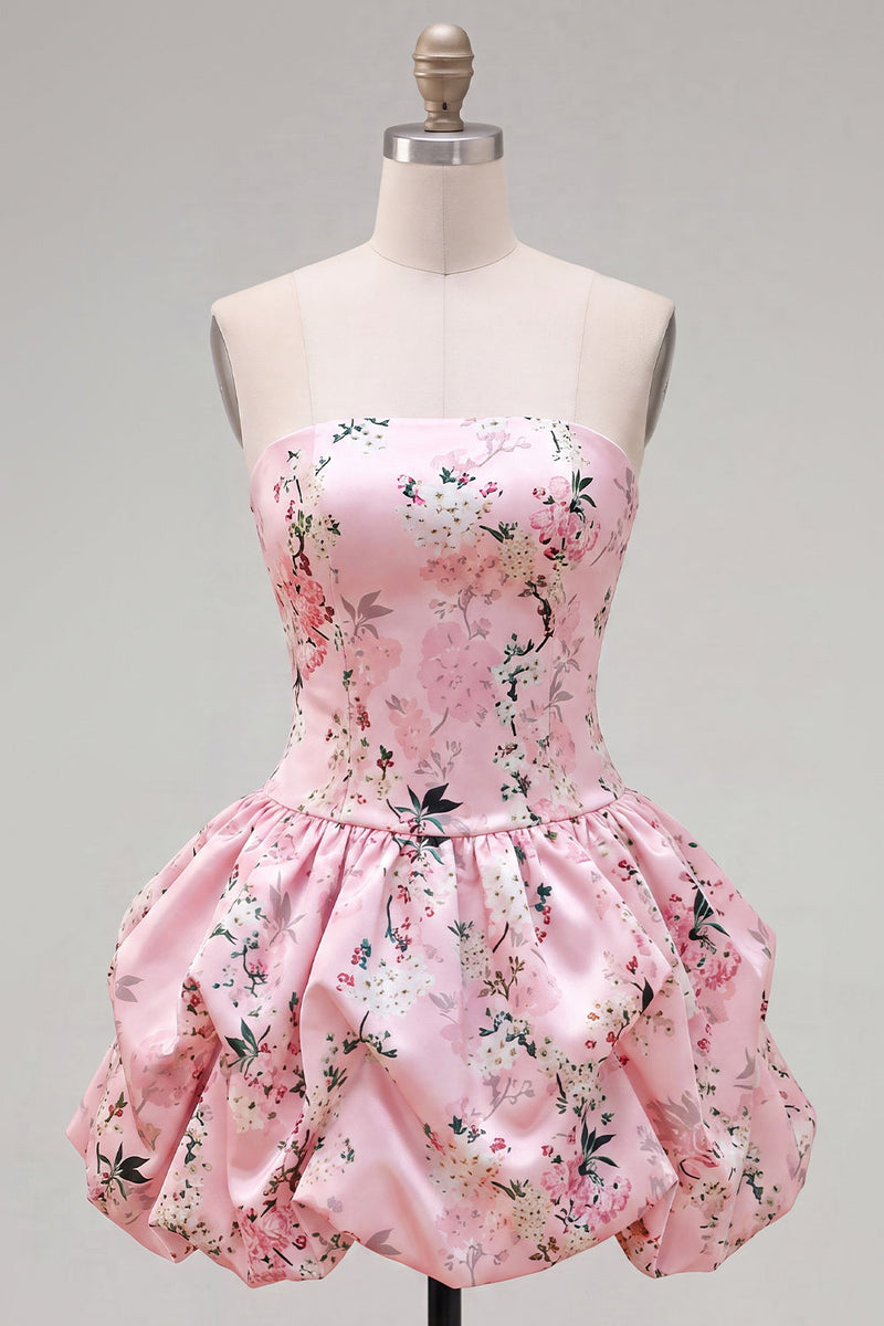 Load image into Gallery viewer, Floral Pink Printed A-Line Lace-Up Back Short Prom Dress