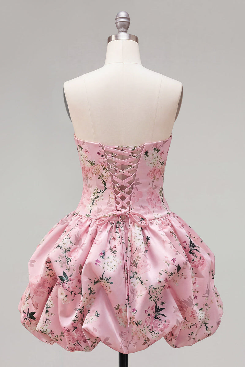 Load image into Gallery viewer, Floral Pink Printed A-Line Lace-Up Back Short Prom Dress