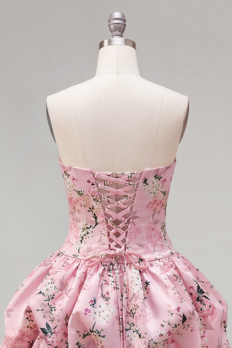 Load image into Gallery viewer, Floral Pink Printed A-Line Lace-Up Back Short Prom Dress
