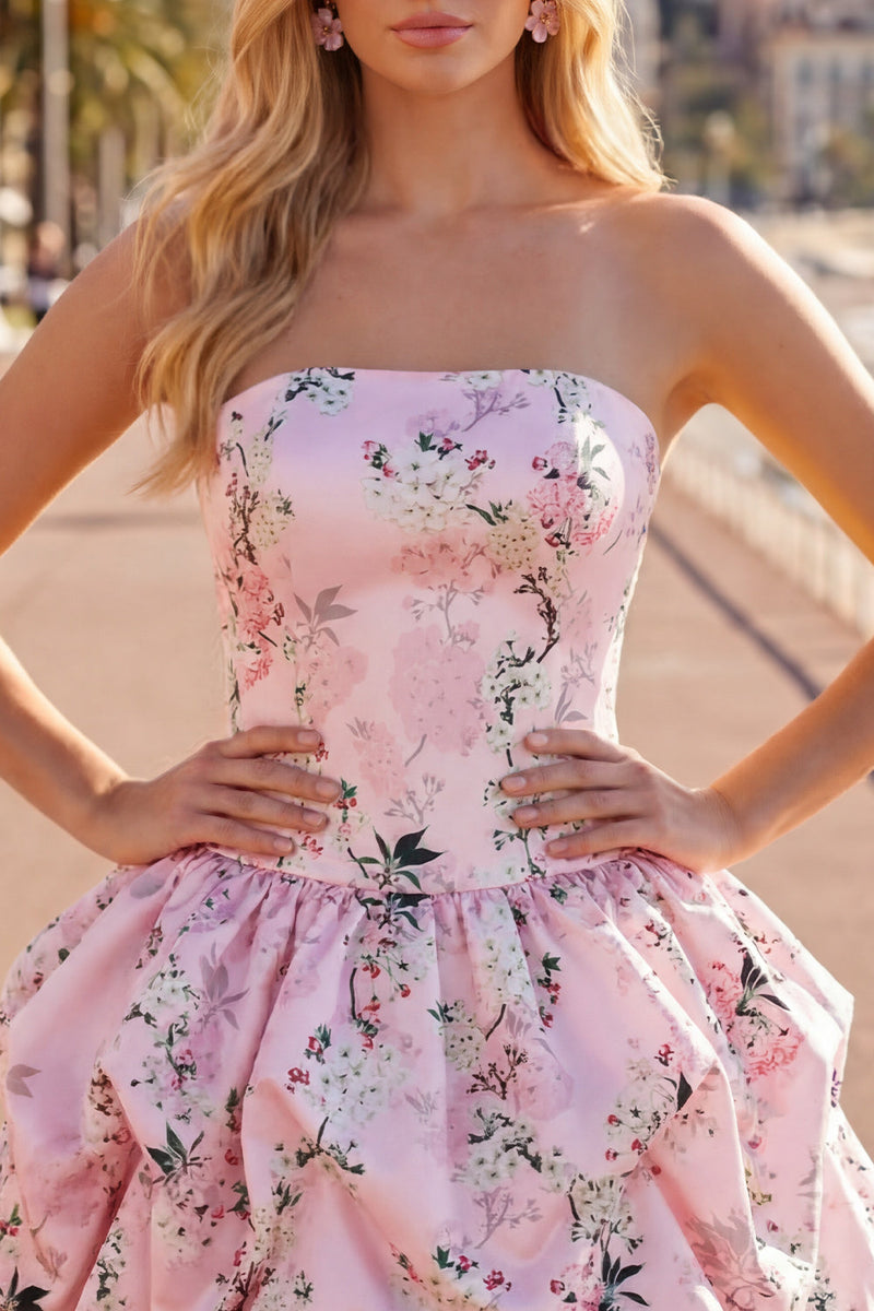 Load image into Gallery viewer, Floral Pink Printed A-Line Lace-Up Back Short Prom Dress