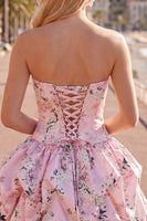 Load image into Gallery viewer, Floral Pink Printed A-Line Lace-Up Back Short Prom Dress