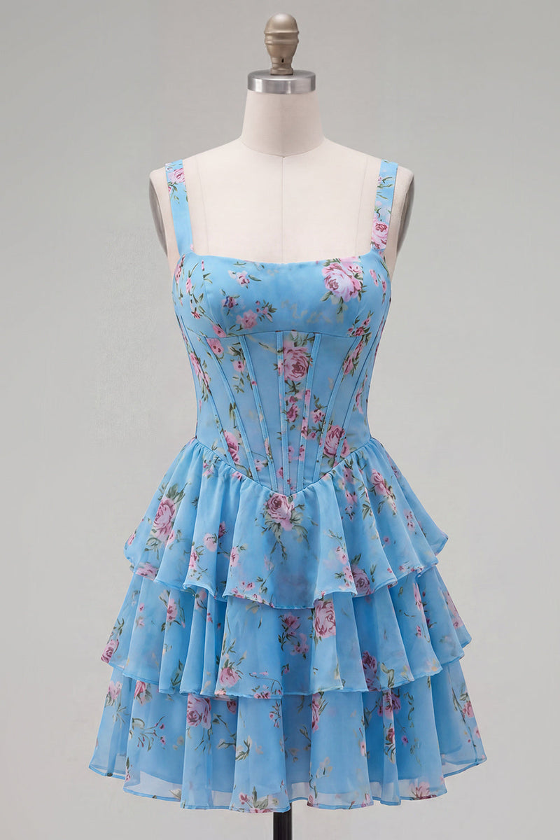 Load image into Gallery viewer, Floral Pink A-Line Tiered Ruffled Corset Short Prom Dress