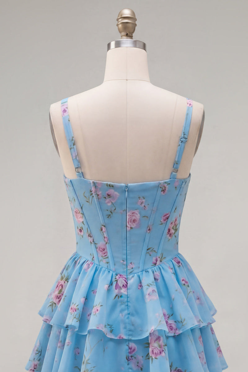 Load image into Gallery viewer, Floral Pink A-Line Tiered Ruffled Corset Short Prom Dress