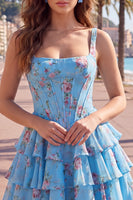 Load image into Gallery viewer, Floral Pink A-Line Tiered Ruffled Corset Short Prom Dress