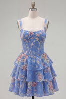 Load image into Gallery viewer, Floral Pink A-Line Tiered Ruffled Corset Short Prom Dress