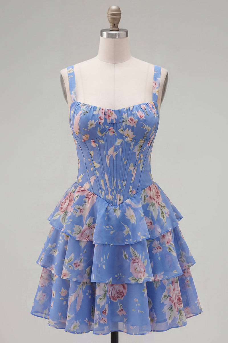 Load image into Gallery viewer, Floral Pink A-Line Tiered Ruffled Corset Short Prom Dress