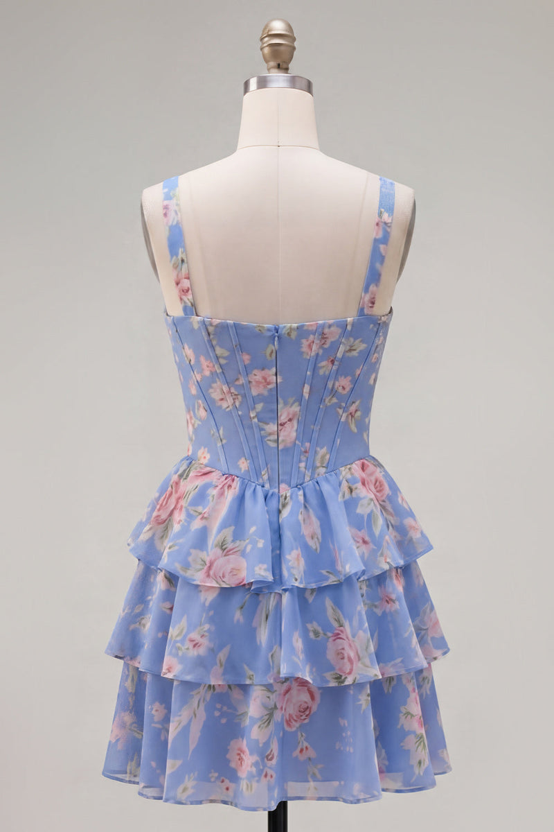 Load image into Gallery viewer, Floral Pink A-Line Tiered Ruffled Corset Short Prom Dress