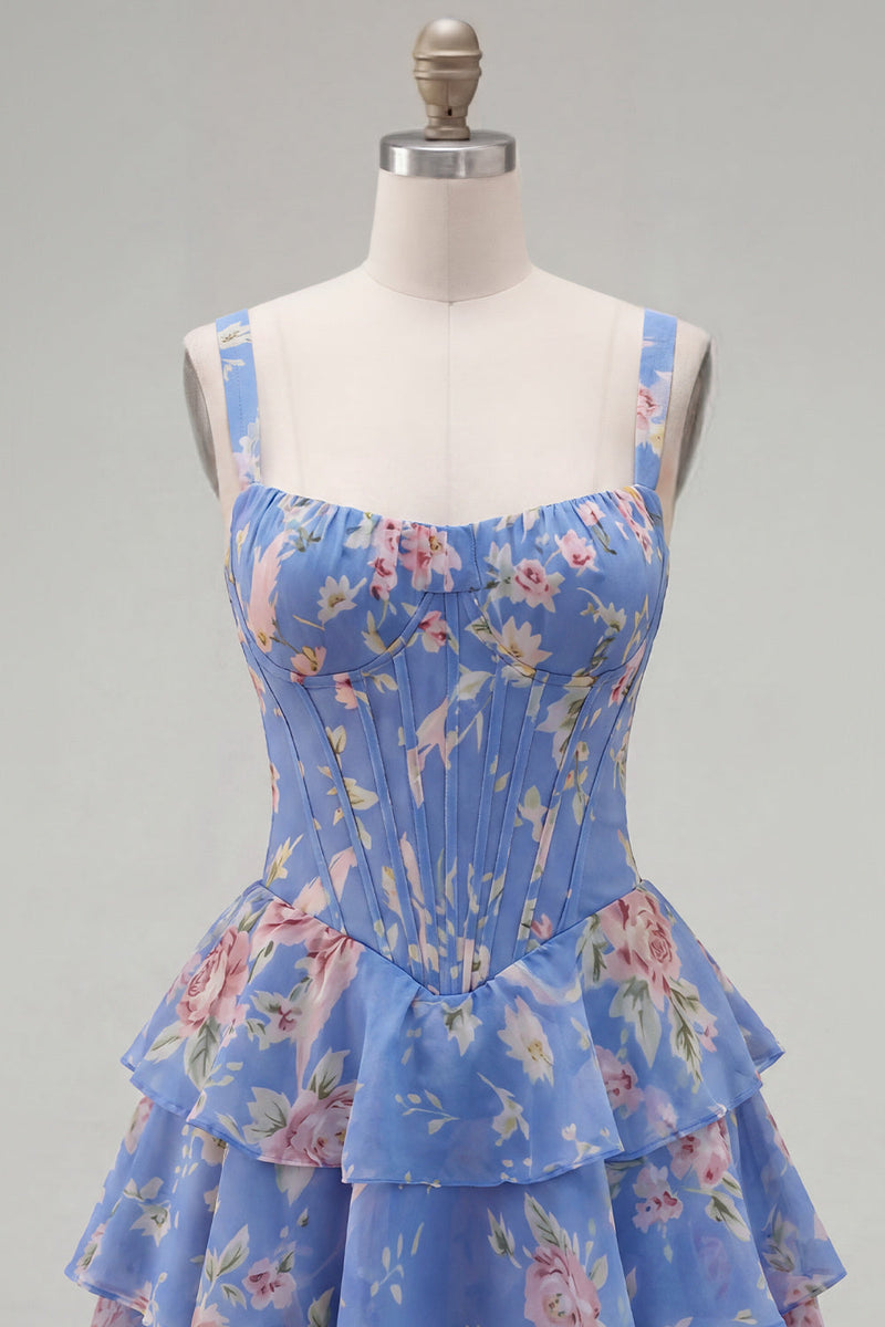 Load image into Gallery viewer, Floral Pink A-Line Tiered Ruffled Corset Short Prom Dress