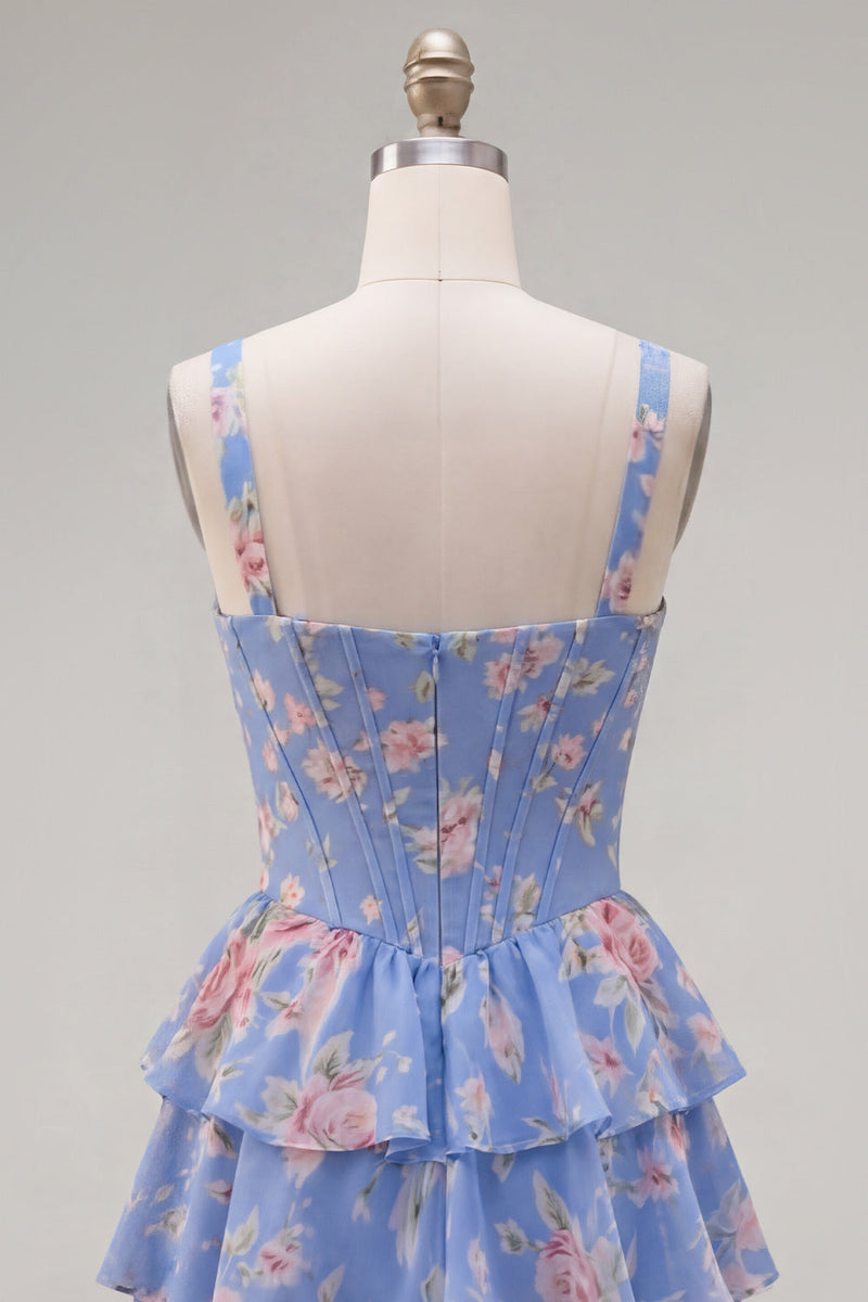 Load image into Gallery viewer, Floral Pink A-Line Tiered Ruffled Corset Short Prom Dress
