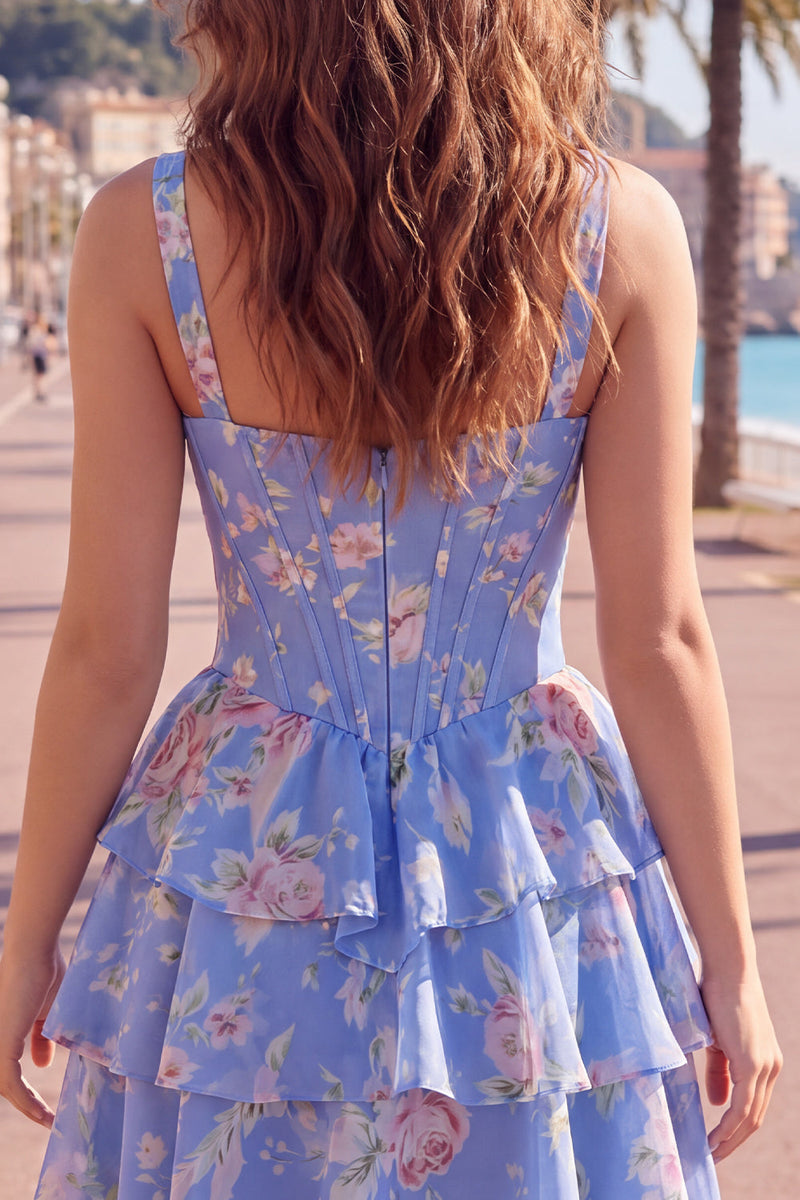 Load image into Gallery viewer, Floral Pink A-Line Tiered Ruffled Corset Short Prom Dress