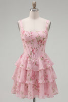 Load image into Gallery viewer, Floral Pink A-Line Tiered Ruffled Corset Short Prom Dress