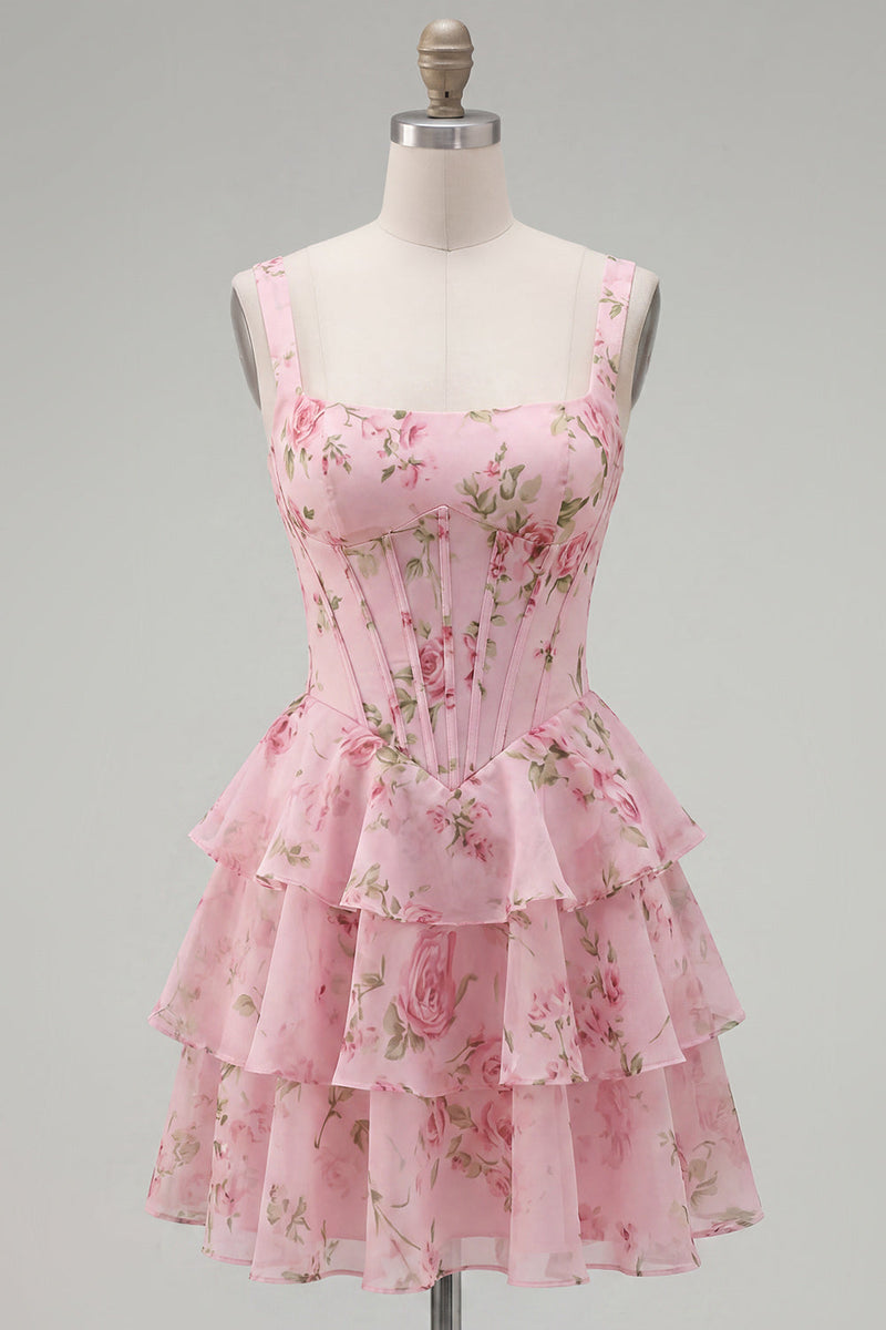 Load image into Gallery viewer, Floral Pink A-Line Tiered Ruffled Corset Short Prom Dress