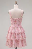 Load image into Gallery viewer, Floral Pink A-Line Tiered Ruffled Corset Short Prom Dress