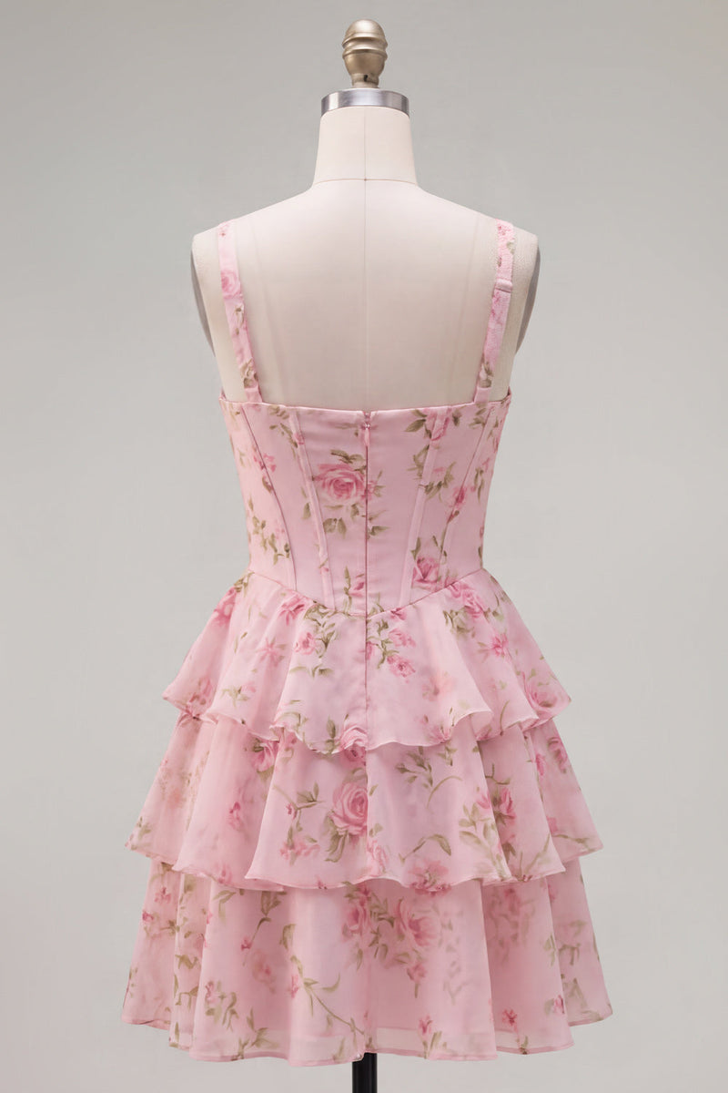 Load image into Gallery viewer, Floral Pink A-Line Tiered Ruffled Corset Short Prom Dress