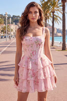 Load image into Gallery viewer, Floral Pink A-Line Tiered Ruffled Corset Short Prom Dress