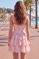 Load image into Gallery viewer, Floral Pink A-Line Tiered Ruffled Corset Short Prom Dress