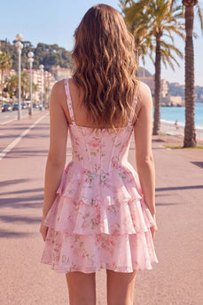 Floral Pink A-Line Tiered Ruffled Corset Short Prom Dress