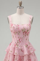 Load image into Gallery viewer, Floral Pink A-Line Tiered Ruffled Corset Short Prom Dress