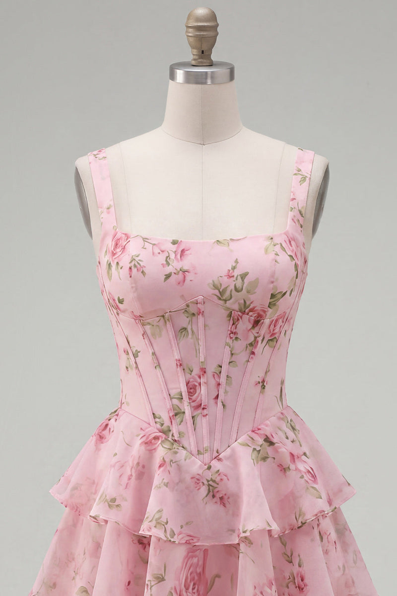 Load image into Gallery viewer, Floral Pink A-Line Tiered Ruffled Corset Short Prom Dress