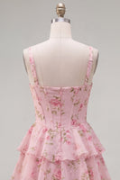 Load image into Gallery viewer, Floral Pink A-Line Tiered Ruffled Corset Short Prom Dress