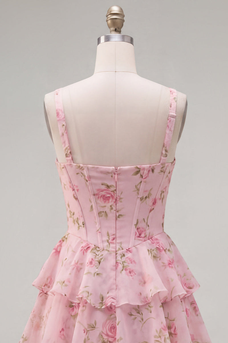 Load image into Gallery viewer, Floral Pink A-Line Tiered Ruffled Corset Short Prom Dress
