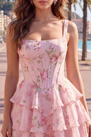 Load image into Gallery viewer, Floral Pink A-Line Tiered Ruffled Corset Short Prom Dress