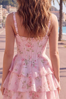 Load image into Gallery viewer, Floral Pink A-Line Tiered Ruffled Corset Short Prom Dress