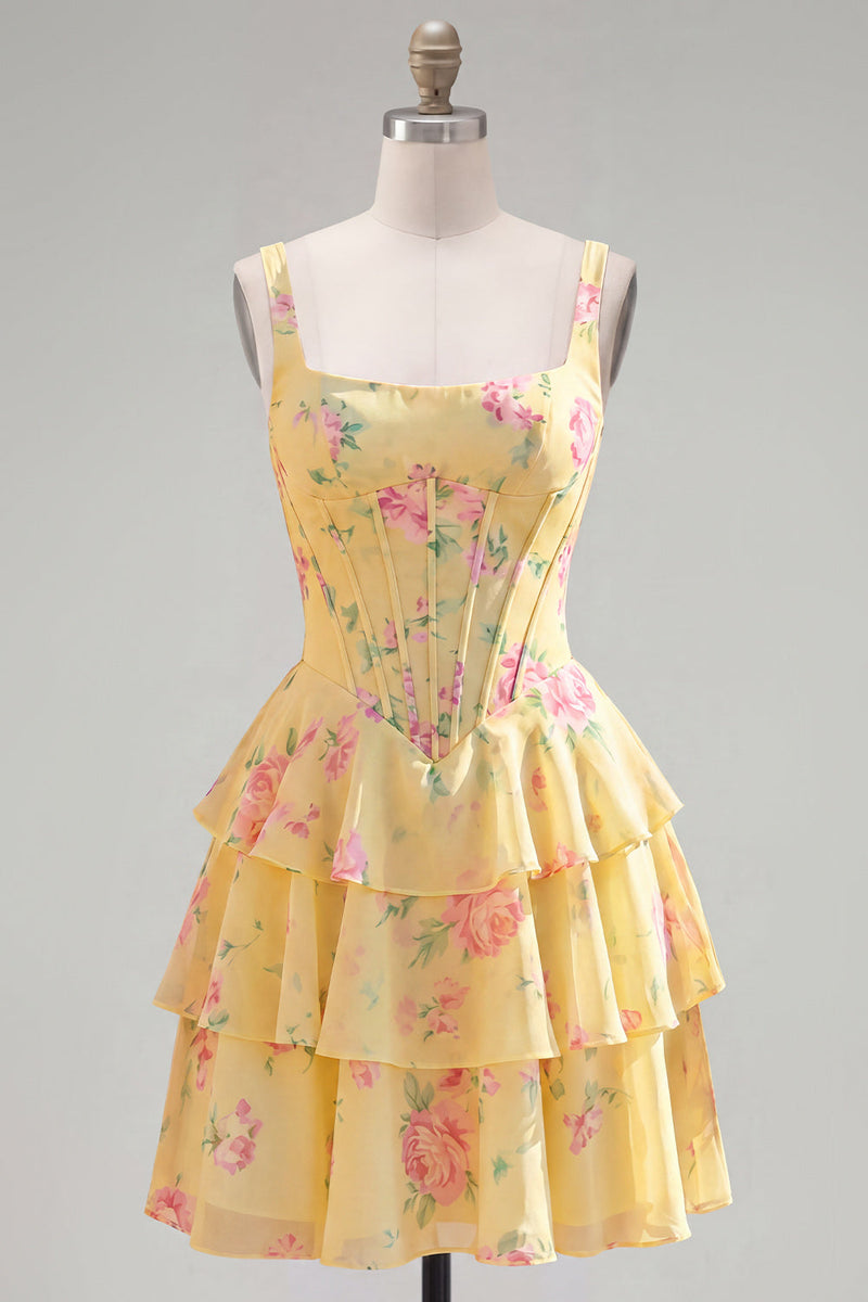 Load image into Gallery viewer, Floral Pink A-Line Tiered Ruffled Corset Short Prom Dress