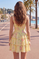 Load image into Gallery viewer, Floral Pink A-Line Tiered Ruffled Corset Short Prom Dress