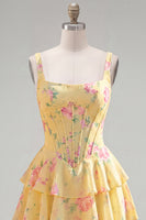 Load image into Gallery viewer, Floral Pink A-Line Tiered Ruffled Corset Short Prom Dress