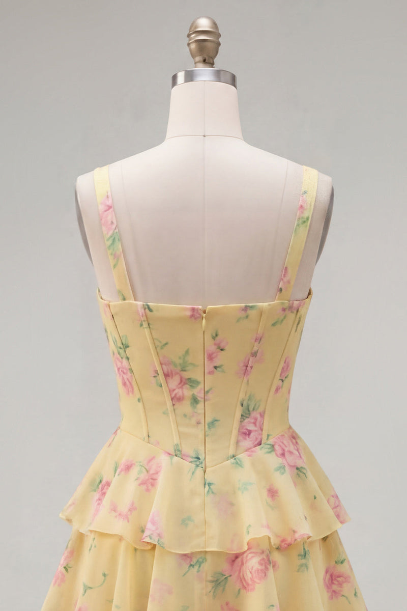 Load image into Gallery viewer, Floral Pink A-Line Tiered Ruffled Corset Short Prom Dress