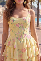Load image into Gallery viewer, Floral Pink A-Line Tiered Ruffled Corset Short Prom Dress