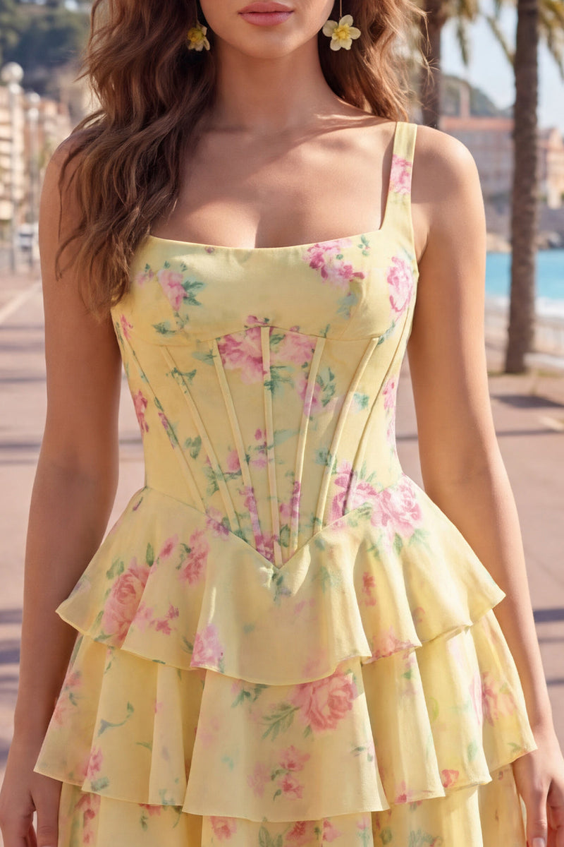 Load image into Gallery viewer, Floral Pink A-Line Tiered Ruffled Corset Short Prom Dress