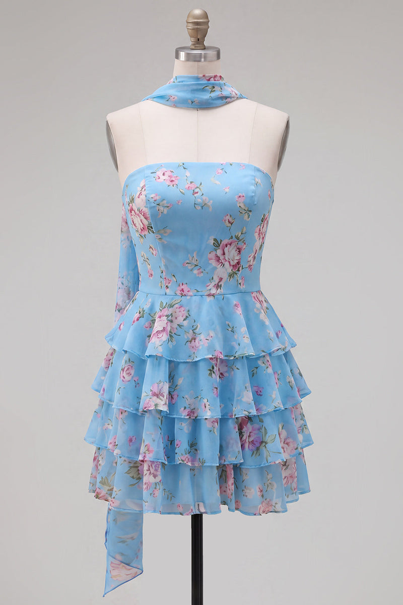 Load image into Gallery viewer, Dark Blue Floral Ruffled A-Line Short Prom Dress with Neck Scarf