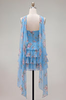 Load image into Gallery viewer, Dark Blue Floral Ruffled A-Line Short Prom Dress with Neck Scarf