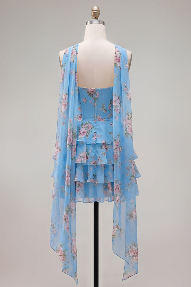 Load image into Gallery viewer, Dark Blue Floral Ruffled A-Line Short Prom Dress with Neck Scarf