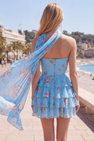 Load image into Gallery viewer, Dark Blue Floral Ruffled A-Line Short Prom Dress with Neck Scarf