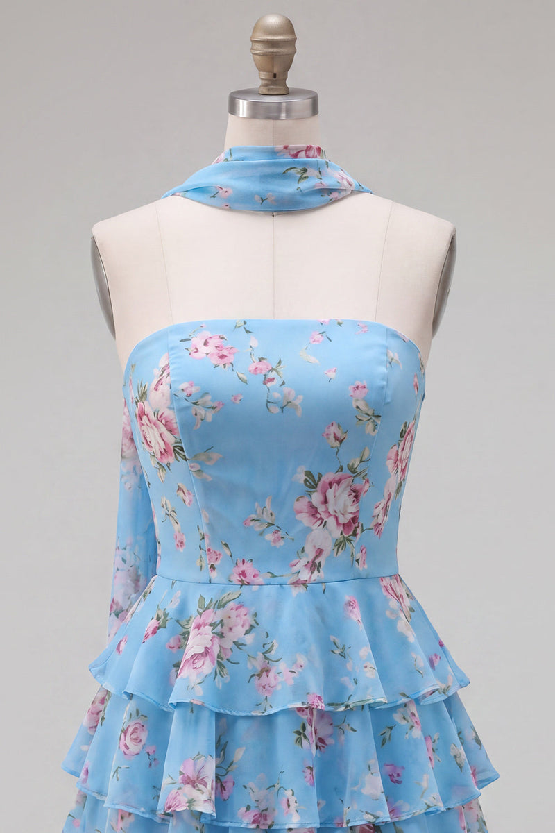 Load image into Gallery viewer, Dark Blue Floral Ruffled A-Line Short Prom Dress with Neck Scarf