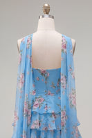 Load image into Gallery viewer, Dark Blue Floral Ruffled A-Line Short Prom Dress with Neck Scarf