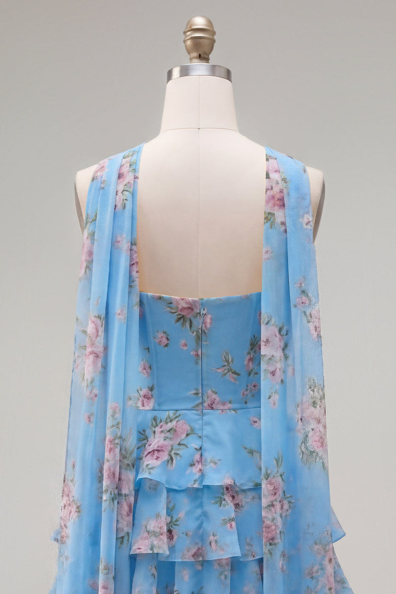 Load image into Gallery viewer, Dark Blue Floral Ruffled A-Line Short Prom Dress with Neck Scarf