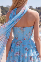 Load image into Gallery viewer, Dark Blue Floral Ruffled A-Line Short Prom Dress with Neck Scarf