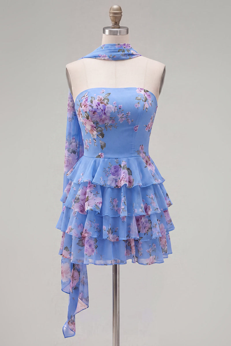 Load image into Gallery viewer, Dark Blue Floral Ruffled A-Line Short Prom Dress with Neck Scarf
