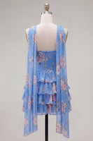 Load image into Gallery viewer, Dark Blue Floral Ruffled A-Line Short Prom Dress with Neck Scarf