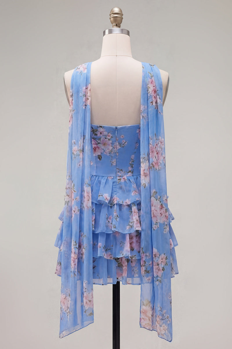 Load image into Gallery viewer, Dark Blue Floral Ruffled A-Line Short Prom Dress with Neck Scarf