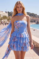Load image into Gallery viewer, Dark Blue Floral Ruffled A-Line Short Prom Dress with Neck Scarf