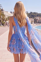 Load image into Gallery viewer, Dark Blue Floral Ruffled A-Line Short Prom Dress with Neck Scarf