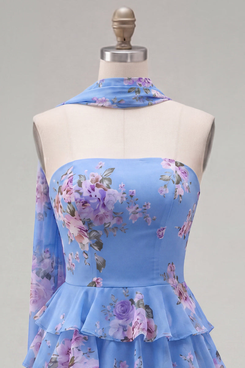 Load image into Gallery viewer, Dark Blue Floral Ruffled A-Line Short Prom Dress with Neck Scarf